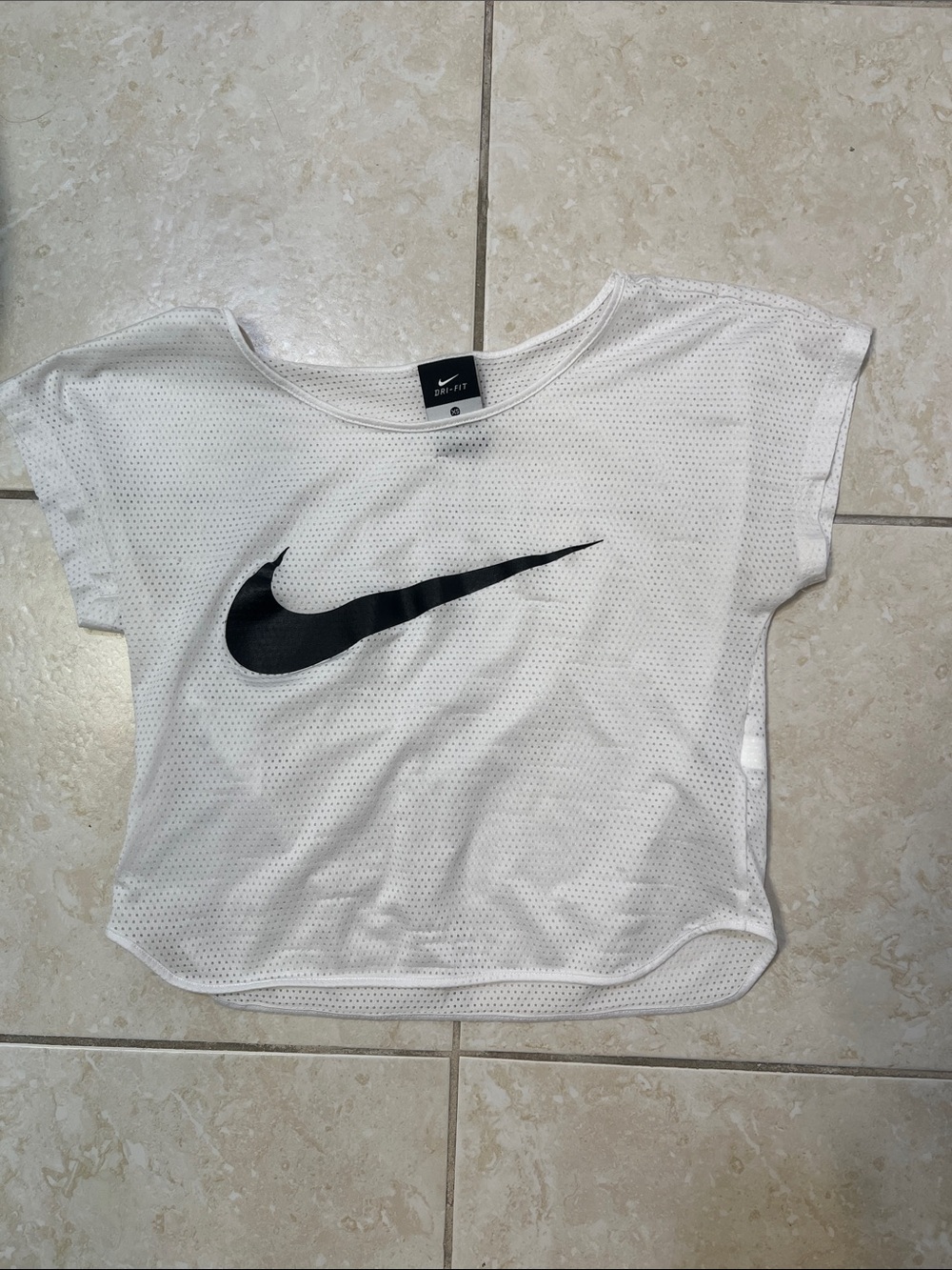 Nike White Dri-FIT Short Sleeve Top with Black Swoosh XS